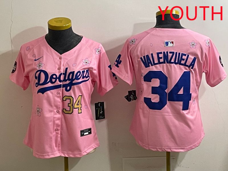 Youth Los Angeles Dodgers 34 Valenzuela Pink Sakura Edition 2025 Nike MLB Jersey style 35